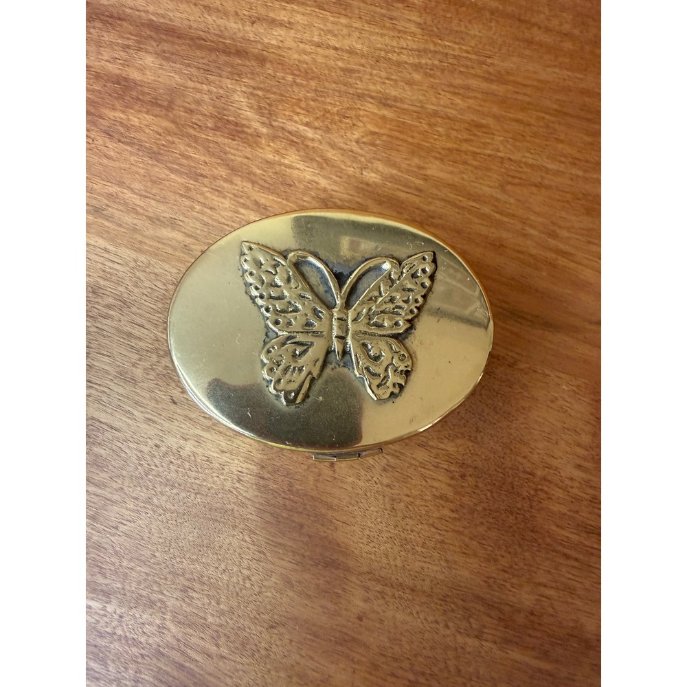 Vintage Brass Butterfly Pill Box Oval Hinged Trinket Case Gold Tone Keeksake